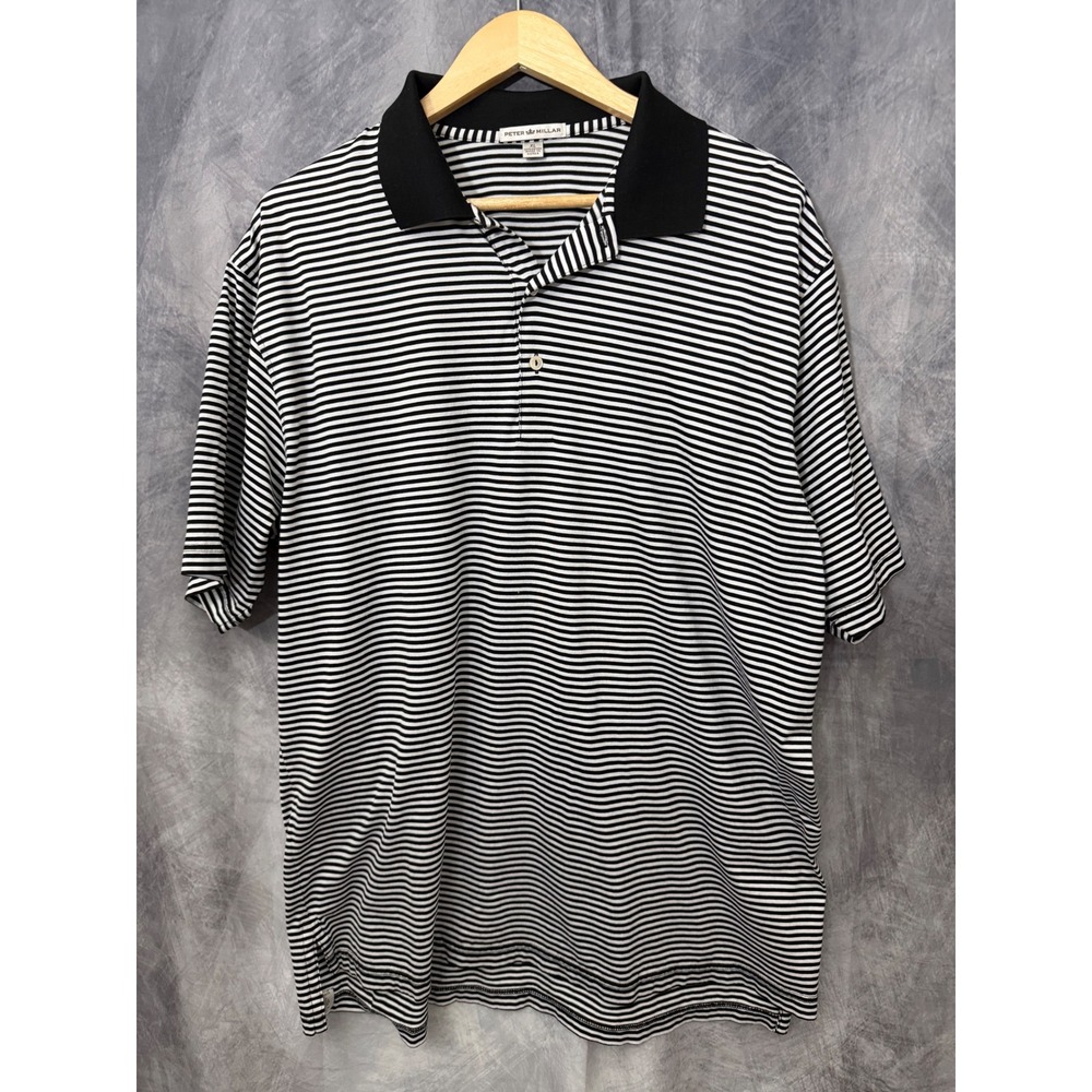 Peter Millar Mens XL Polo Shirt Black‎ White Striped 100% Cotton Preppy Golf
